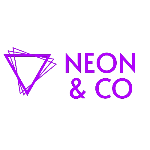 Neon & Co logo with three purple triangles overlapping with Neon & Co text ito the right